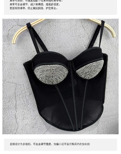 Rhinestone Mesh Denim Bustier Corset Crop Top Push-Up Party Bralette