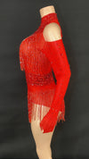 Sparkly Red Rhinestone & Fringe Long-Sleeve Mesh Bodysuit Dance Stage Costume