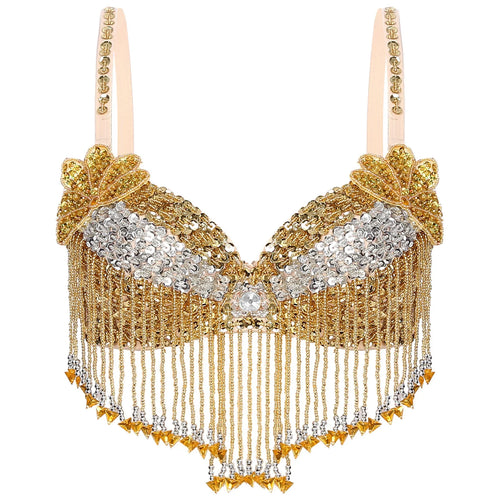 Sparkly Floral Beaded Sequin Belly Dance Bra & Tassel Performance Top
