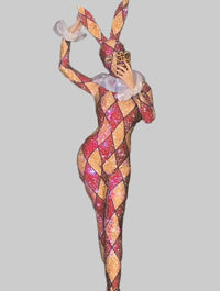 Futuristic Geometric Rhinestone Bunny Bodysuit – Luxury Showgirl Stage Costume & Exotic Festival Leotard with Statement Collar