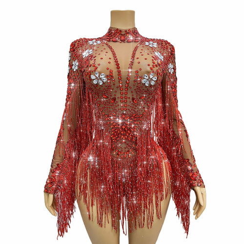Sparkly Rhinestone Tassel High-Cut Stage Performance Bodysuit Dance Leotard