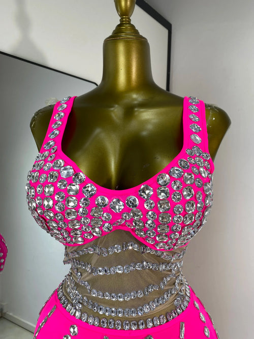 Hot Pink Rhinestone & Tulle Inset Open-Leg Maxi Evening Gown
