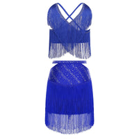 Sparkly Rhinestone & Tassel Fringe Two-Piece Latin Tango Dance Outfit Set