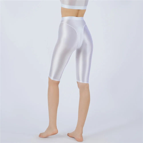 Oil Glossy High-Stretch Knee-Length Shorts Satin Shine Performance Biker Shorts