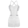 Rhinestone Latin Dance Dress, Mesh Tiered Tassel Bodysuit & Long Gloves Set