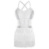 Rhinestone Latin Dance Dress, Mesh Tiered Tassel Bodysuit & Long Gloves Set