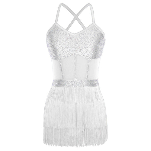 Rhinestone Latin Dance Dress, Mesh Tiered Tassel Bodysuit & Long Gloves Set