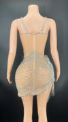 Sparkly Rhinestone & Fringe Sheer Mesh Mini Dress Stage Performance Costume