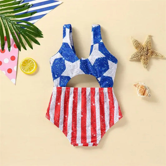 Youthful Girl s Patriotic  Swimsuit Sleeveless V Neck Cutout Beach Pool Swimwear Romper for 4th of July Celebrations