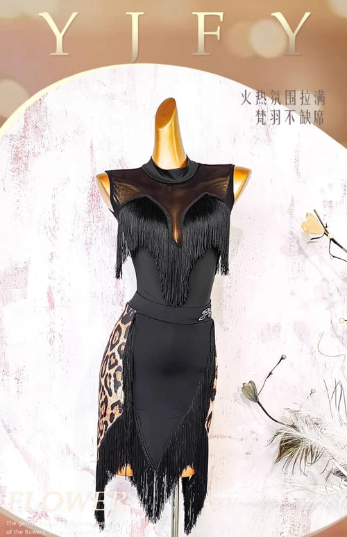 Black Open-Back Leotard & Leopard Print Fringe Skirt Latin Dance Costume Set