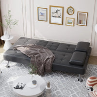 Folding Futon Sofa Bed Sleeper Couch for Living Room Faux Leather Upholstered Loveseat w/Removable Armrests, Metal Legs