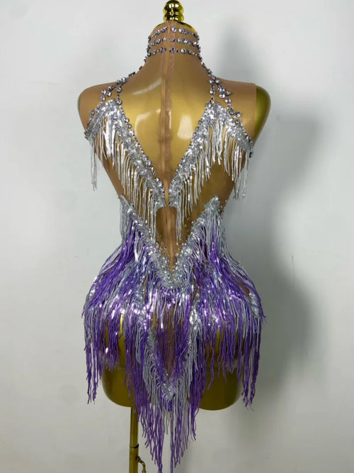 Sparkly Rhinestone & Tassel Fringe Latin Dance Mini Dress Stage Costume