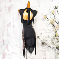 Black Open-Back Leotard & Leopard Print Fringe Skirt Latin Dance Costume Set