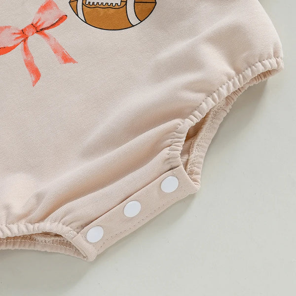Infant Girl Football Print Long Sleeve Bubble Romper with Crew Neck and Bow Detail - Adorable Newborn Bodysuit for Game Day