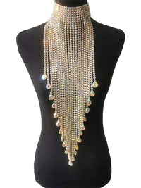 Luxury Rhinestone Long Tassel Statement Choker – Waist-Length Crystal Drop Necklace for Weddings, Galas & High-Fashion Clubwear