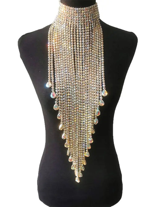 Luxury Rhinestone Long Tassel Statement Choker – Waist-Length Crystal Drop Necklace for Weddings, Galas & High-Fashion Clubwear