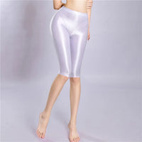 Women's Oil Glossy Sheer High-Waist Shaping Shorts Satin Smooth Leggings