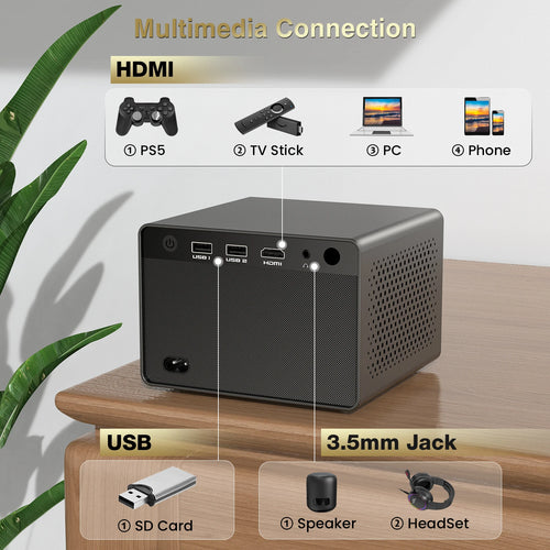 HAPPRUN Electric Focus Mini 1080P Projector - Bluetooth, 200 Inch Display, Outdoor Movie