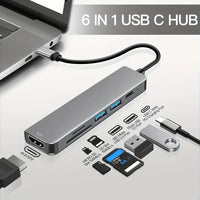 6 in 1 USB C Hub Multiport Adapter 6-in-1 with 4K@30Hz HDTV 100W Power Delivery USB 3.0 Data TF/SD Card Reader Laptop Hub Dock