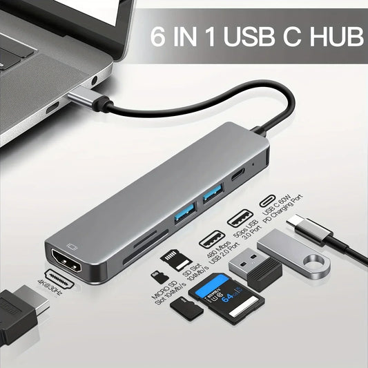 6 in 1 USB C Hub Multiport Adapter 6-in-1 with 4K@30Hz HDTV 100W Power Delivery USB 3.0 Data TF/SD Card Reader Laptop Hub Dock