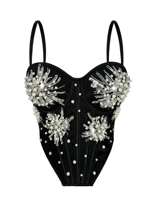 Pearl & Sequin Embroidered Floral Bustier Corset Top Asymmetric Camisole Bralette