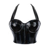 Black Shiny PU Leather Halter Corset Crop Top Push-Up Bustier Gothic Bra