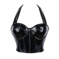 Black Shiny PU Leather Halter Corset Crop Top Push-Up Bustier Gothic Bra