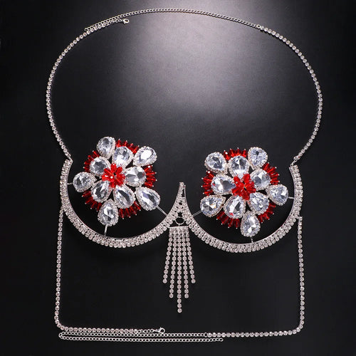 Rhinestone Flower Nipple Pasties & Body Chain Bra Set