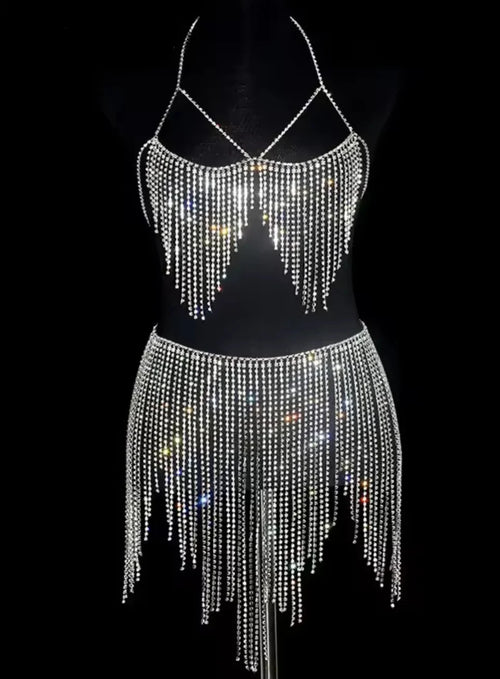 Dazzling Crystal Tassel Body Chain & Skirt Set