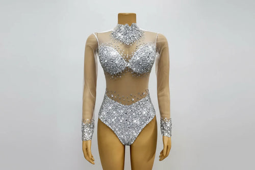 Rhinestone Encrusted Mesh Performance Bodysuit