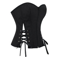 Black Striped Overbust Corset Top Zipper Front Lace-Up Bustier Body Shaper