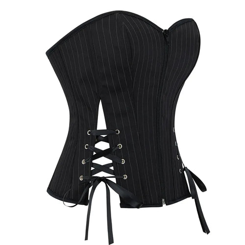 Black Striped Overbust Corset Top Zipper Front Lace-Up Bustier Body Shaper