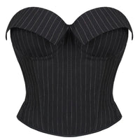 Black Striped Overbust Corset Top Zipper Front Lace-Up Bustier Body Shaper