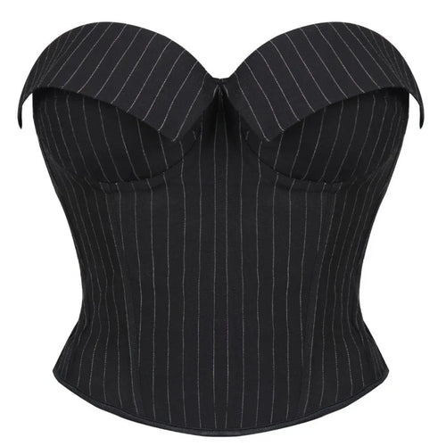 Black Striped Overbust Corset Top Zipper Front Lace-Up Bustier Body Shaper