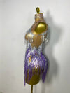 Sparkly Rhinestone & Tassel Fringe Latin Dance Mini Dress Stage Costume