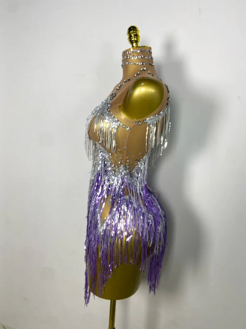 Sparkly Rhinestone & Tassel Fringe Latin Dance Mini Dress Stage Costume