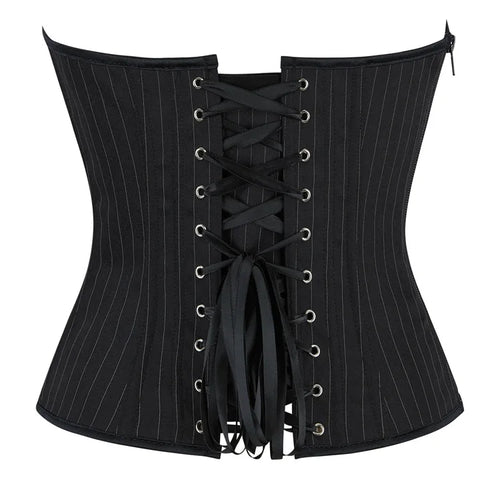 Black Striped Overbust Corset Top Zipper Front Lace-Up Bustier Body Shaper