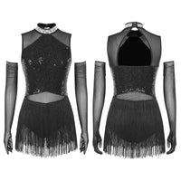 Sparkly Sequin & Fringe Dance Dress with Gloves Latin Stage Performance Costume