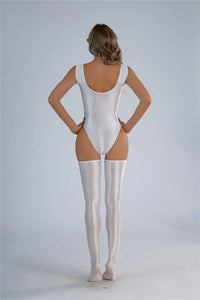 Backless High-Cut Oil Glossy Sheer Bodysuit & Matching Stockings Set