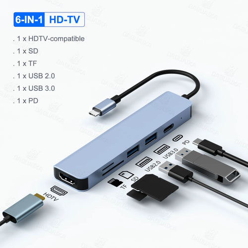 6 in 1 USB C Hub Multiport Adapter 6-in-1 with 4K@30Hz HDTV 100W Power Delivery USB 3.0 Data TF/SD Card Reader Laptop Hub Dock