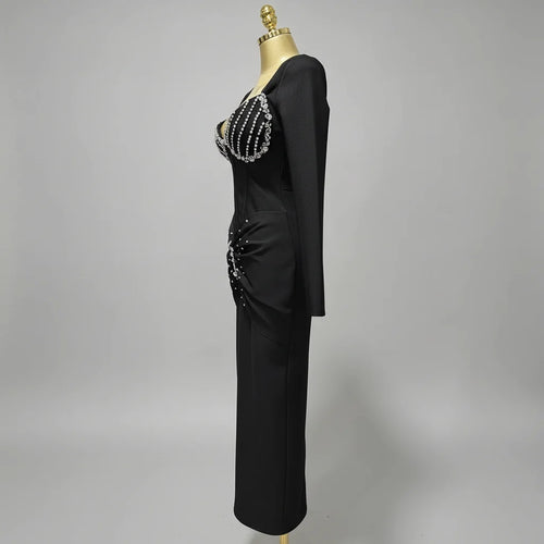 Elegant Square Neck Crystal Embroidered Bandage Ankle-Length Evening Gown
