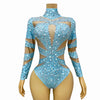 Sparkly Rhinestone Long Sleeve Cutout Bodysuit Stage Performance Dance Leotard