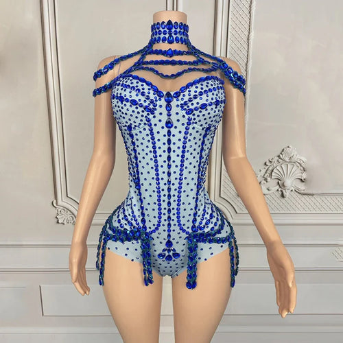 Rhinestone Embellished Performance Bodysuit with Tiered Sequins