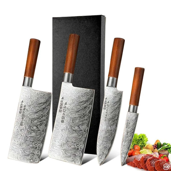 Japanese kitchen knife set with wooden handles, stainless steel blades, perfect for professional chefs and home cooks.