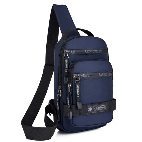 Navy nylon chest bag for men, stylish crossbody with large capacity, perfect for travel, casual urban style.