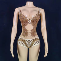 Sparkly Gold Rhinestone Two-Piece Bikini Bra & Shorts Set Stage Performance Costume
