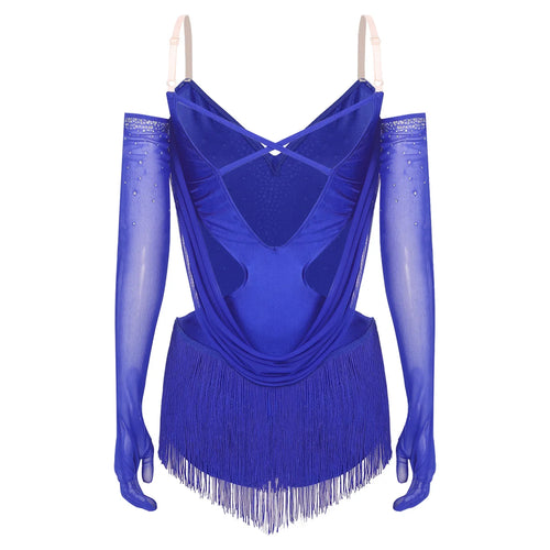 Sparkly Rhinestone & Tassel Fringe Dance Leotard with Gloves Two-Piece Stage Costume