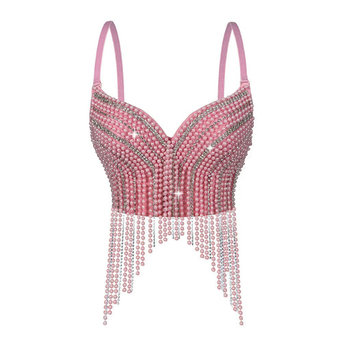 Rhinestone & Bead Tassel Push-Up Underwire Bustier Crop Top