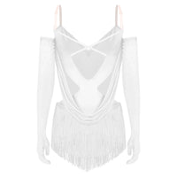 Sparkly Rhinestone & Tassel Fringe Dance Leotard with Gloves Two-Piece Stage Costume