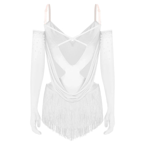 Sparkly Rhinestone & Tassel Fringe Dance Leotard with Gloves Two-Piece Stage Costume